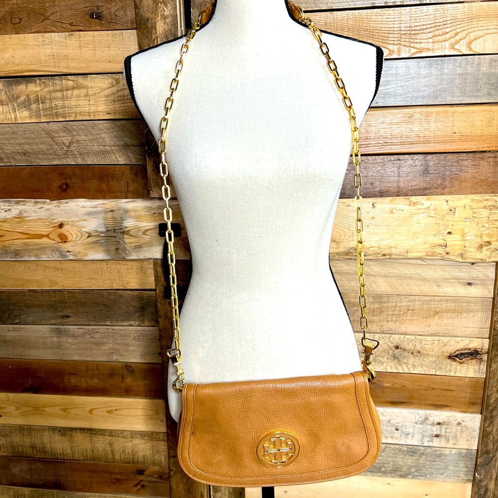 Tory Burch 2 in 1 Tan Leather Bag w Gold Accents. Cross body bag & clutch